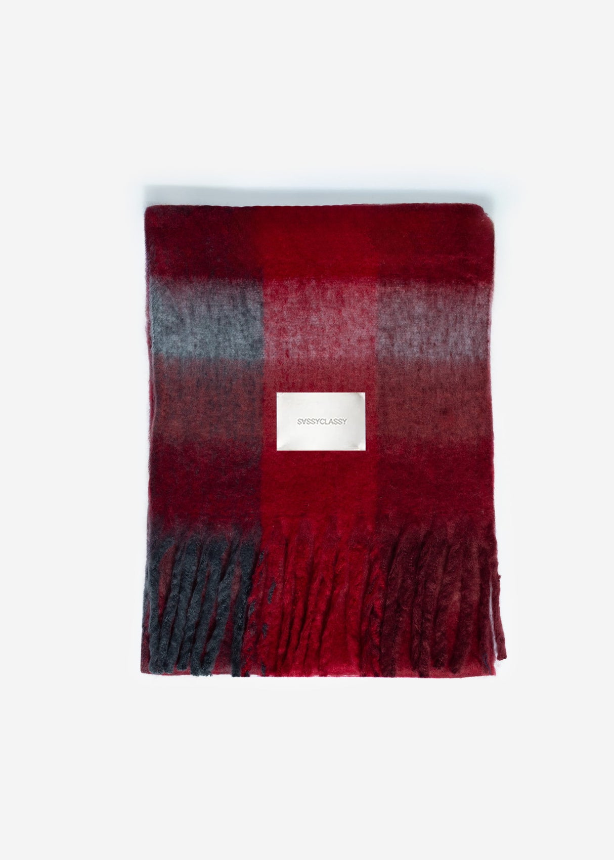 Checkered fluffy scarf with fringe - red