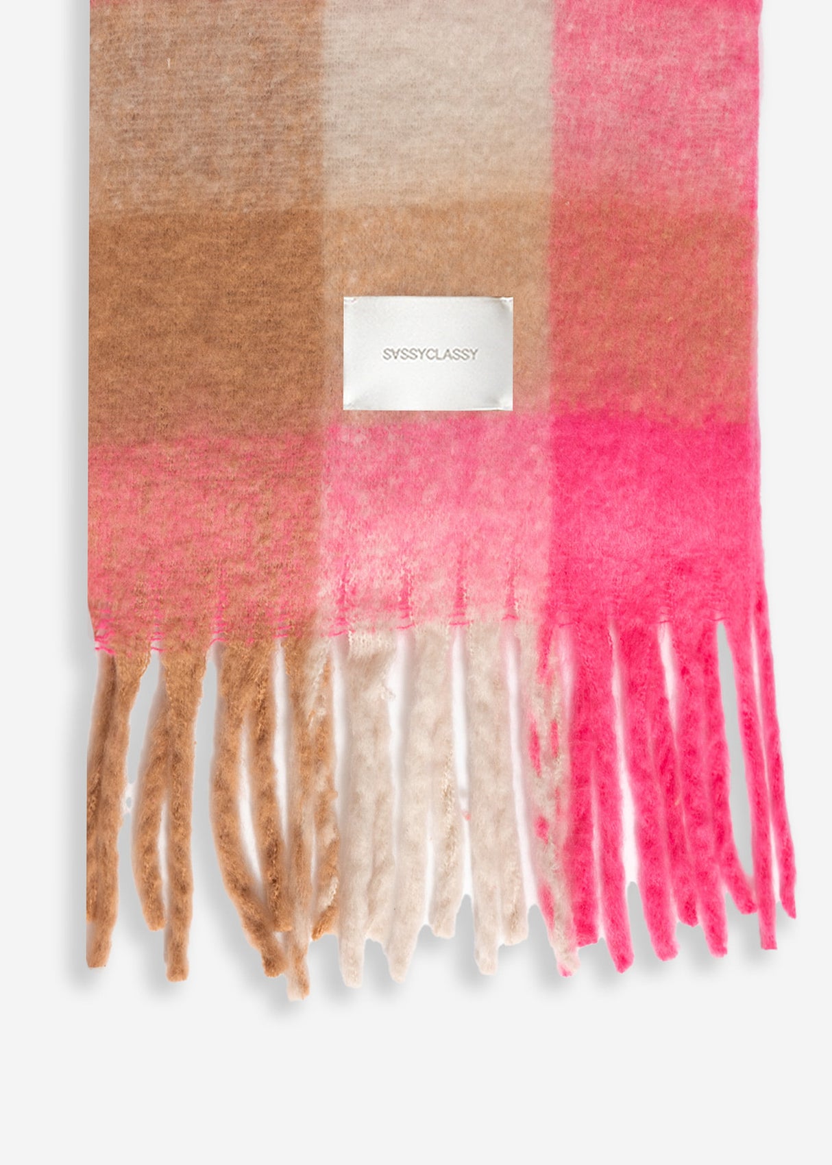 Karierter flauschiger Schal mit Fransen - rosa