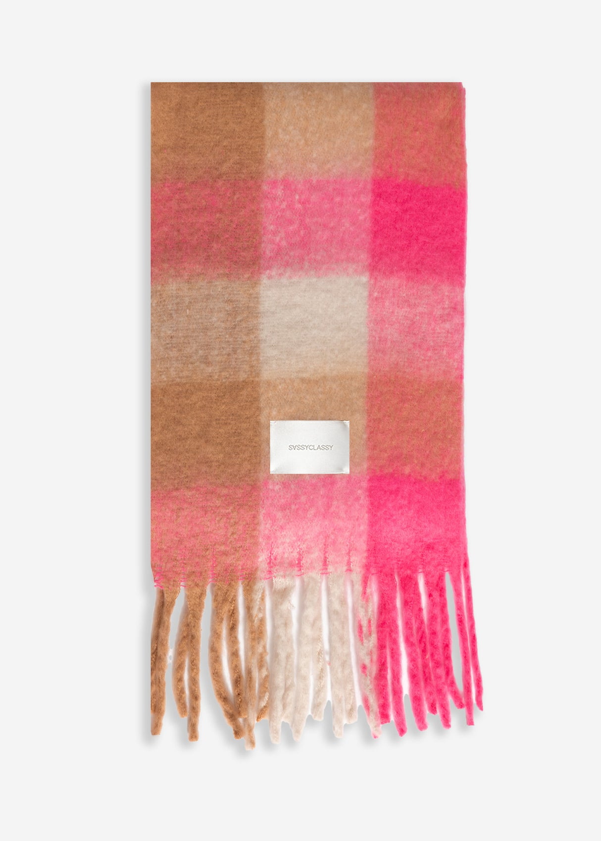 Karierter flauschiger Schal mit Fransen - rosa