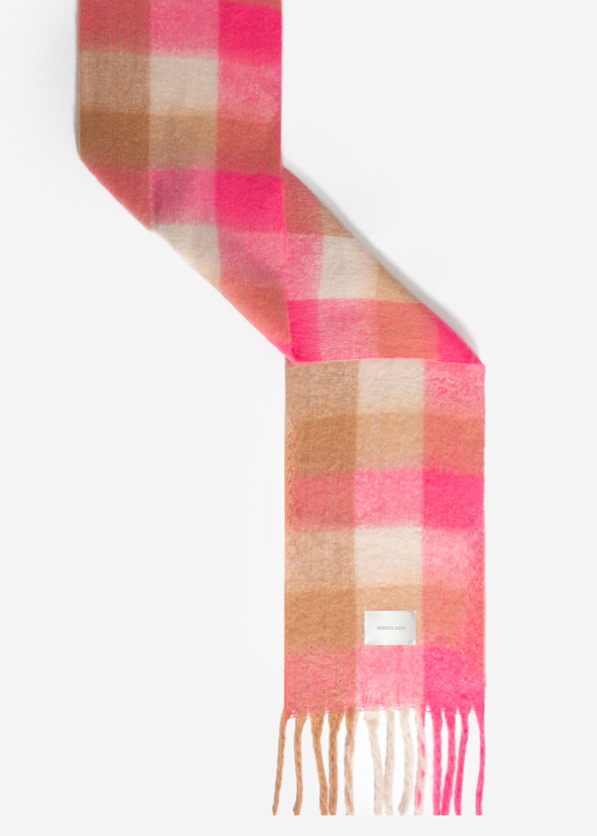 Karierter flauschiger Schal mit Fransen - rosa