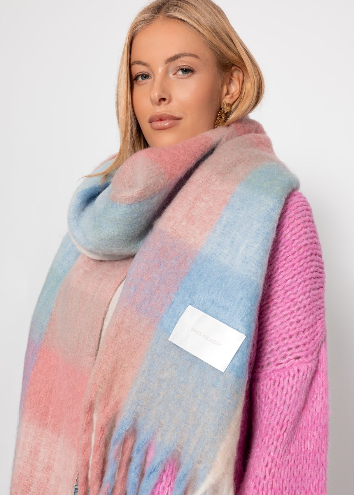 Karierter flauschiger Schal - rosa-blau-grün