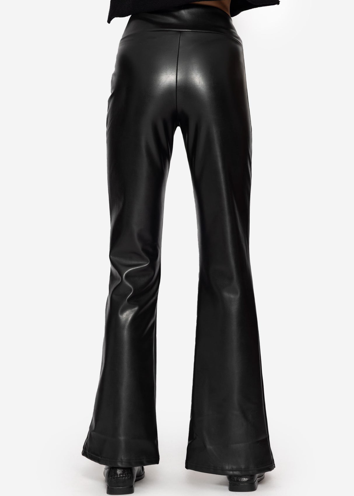 Kunstleder Thermo Leggings mit Teilungsnähten und Saumschlitz - schwarz