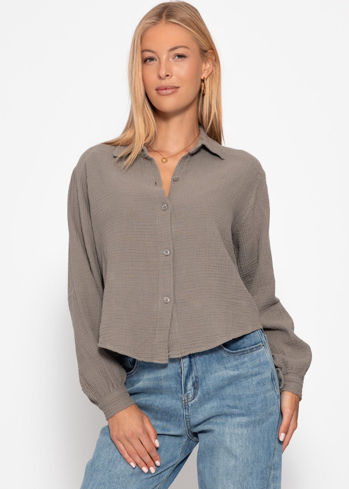 Kurze oversize Musselin Bluse - taupe