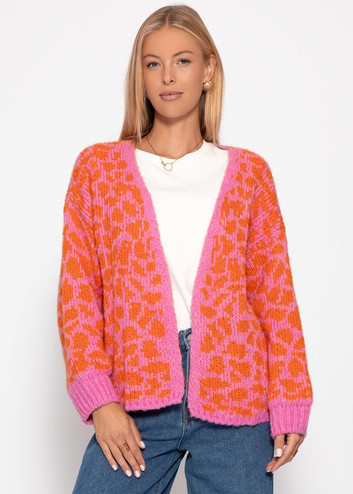 Kurzer Cardigan mit Leo-Print - pink-orange