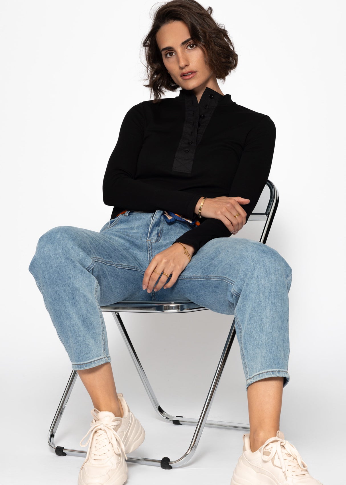 Langarm Shirt mit breiter Knopfleiste - schwarz