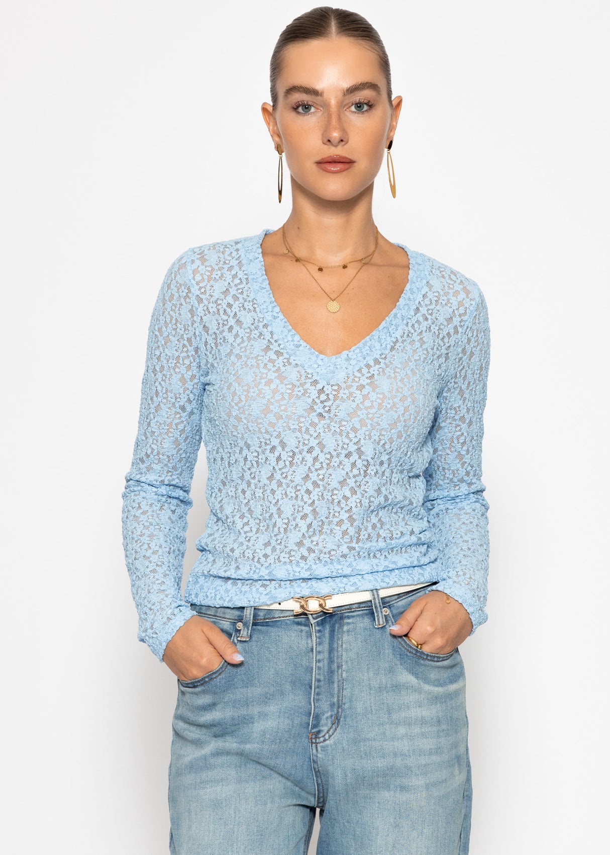 Langarm Spitzenshirt mit V-Ausschnitt - hellblau
