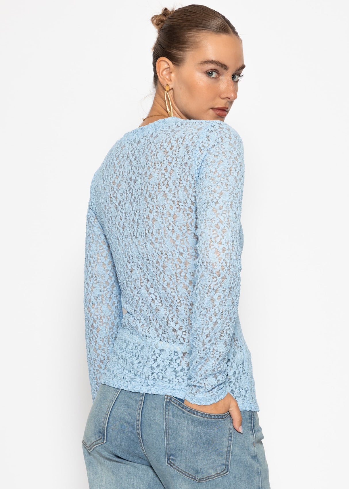 Langarm Spitzenshirt mit V-Ausschnitt - hellblau