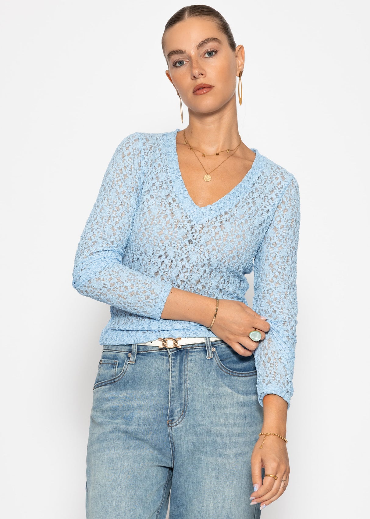 Langarm Spitzenshirt mit V-Ausschnitt - hellblau