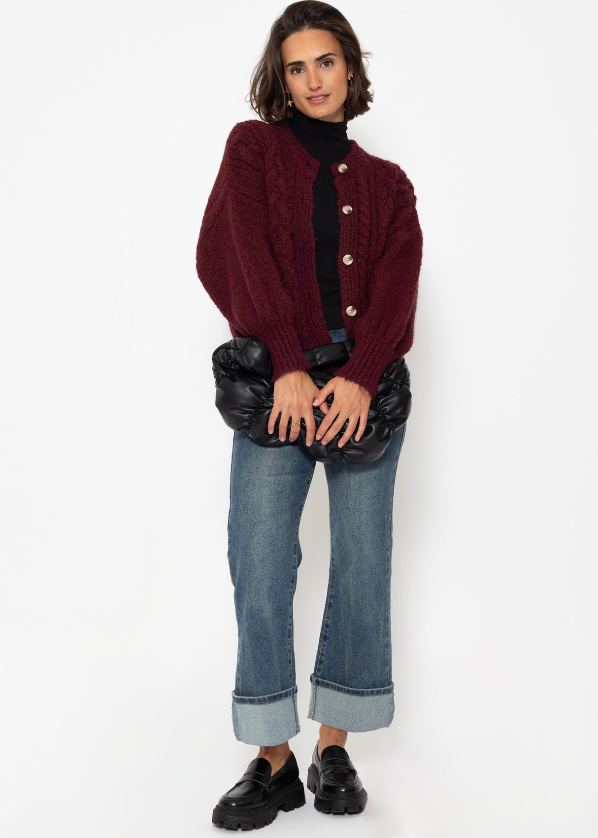 Long-sleeved shirt with turtleneck and piping - black