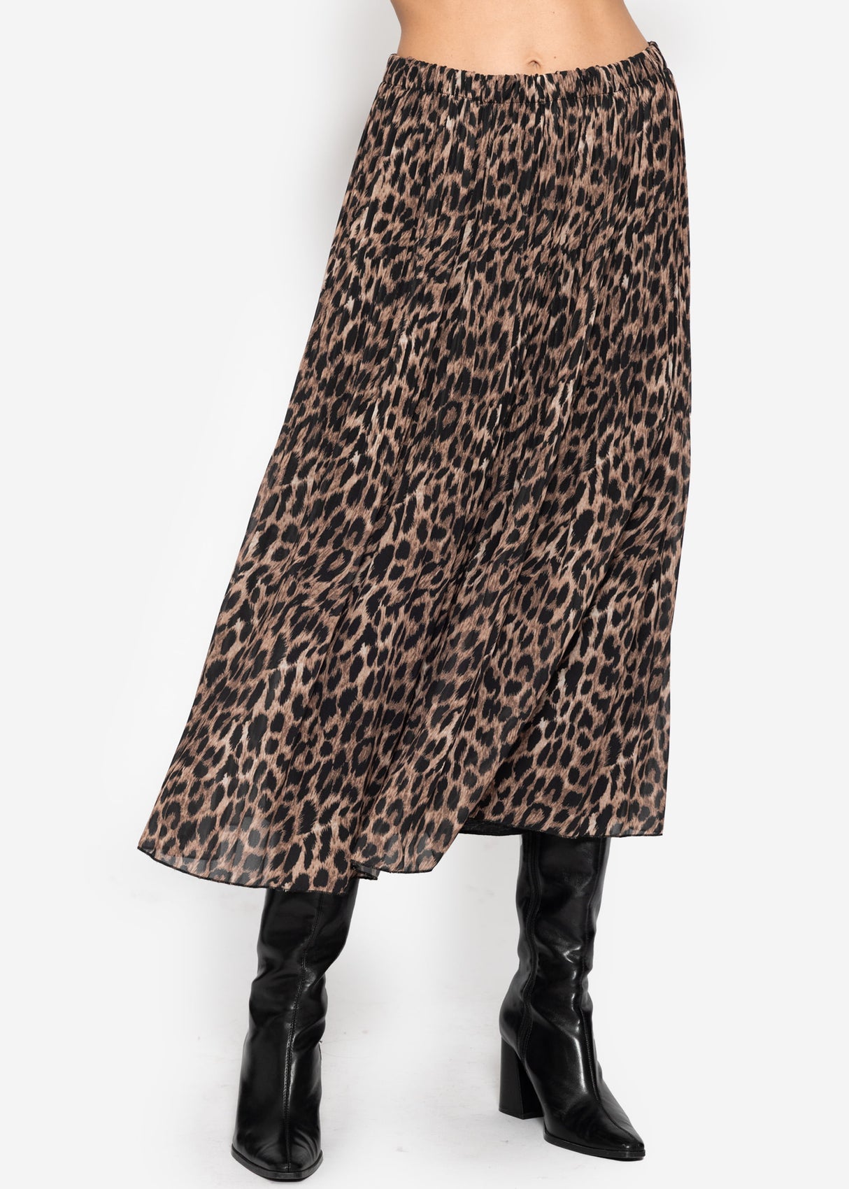 Langer Plissée-Rock aus Chiffon mit Leo-Print - braun