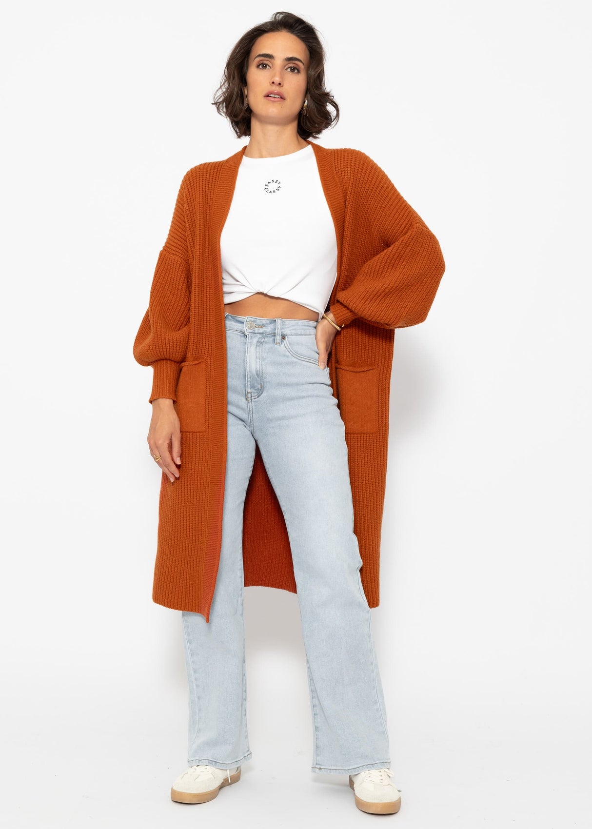 Long super soft cardigan with pockets - rust red