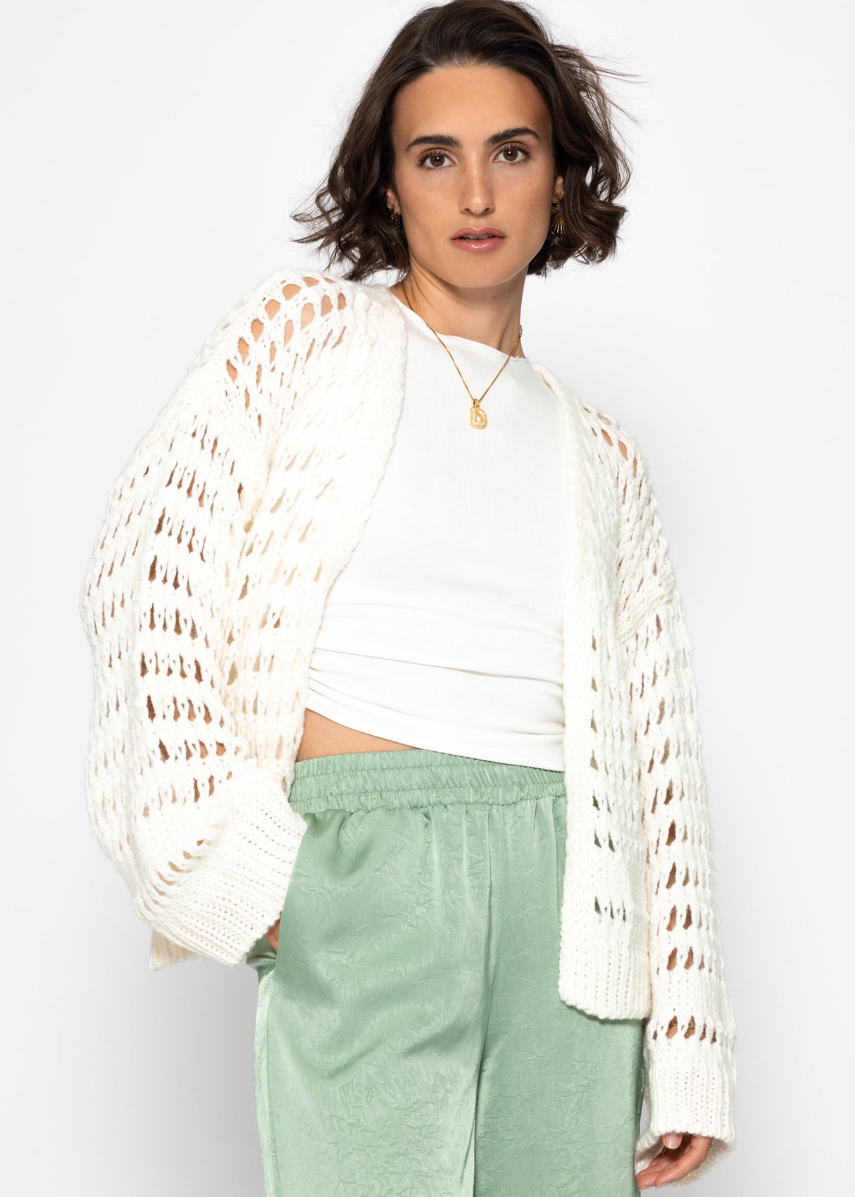 Casual cardigan with perforated knitted pattern - off-white