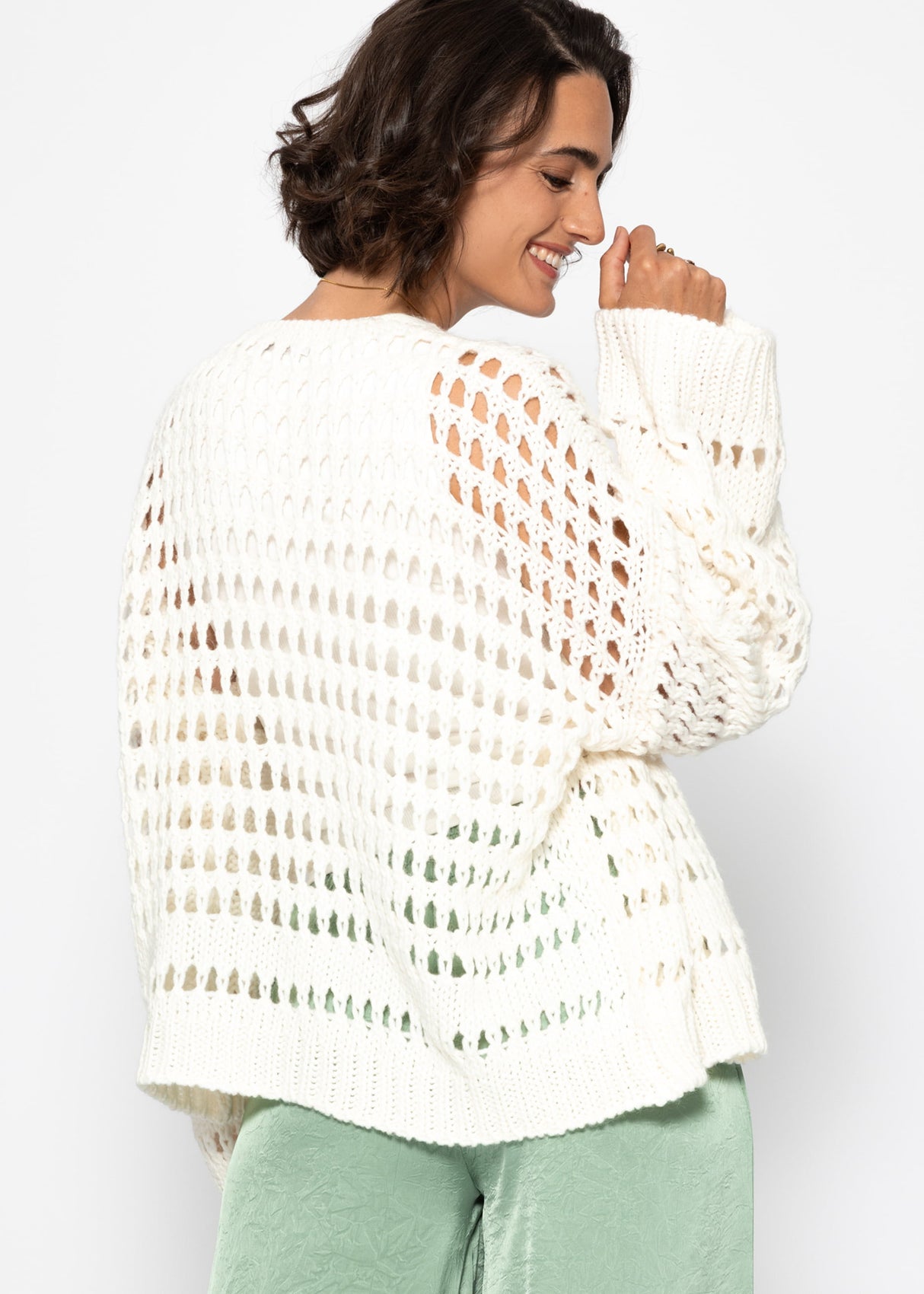 Casual cardigan with perforated knitted pattern - off-white