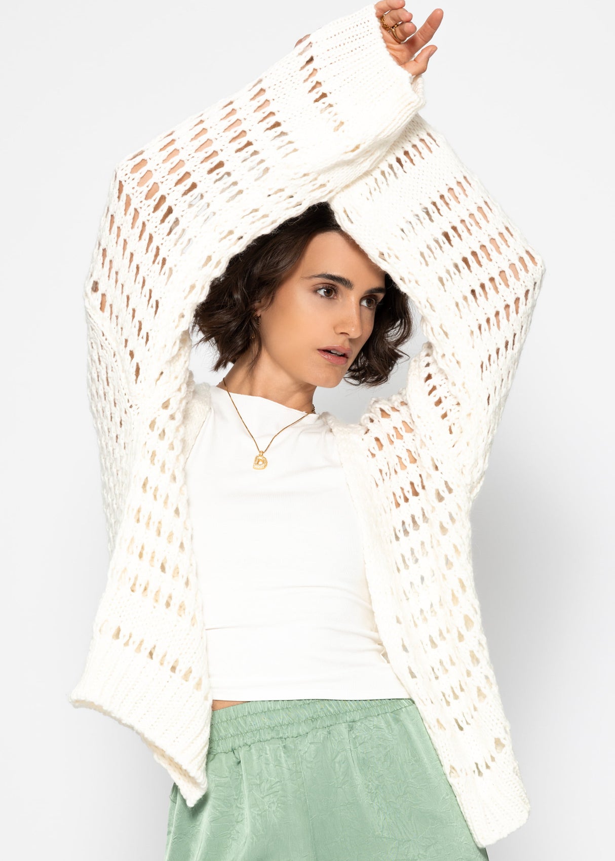 Casual cardigan with perforated knitted pattern - off-white