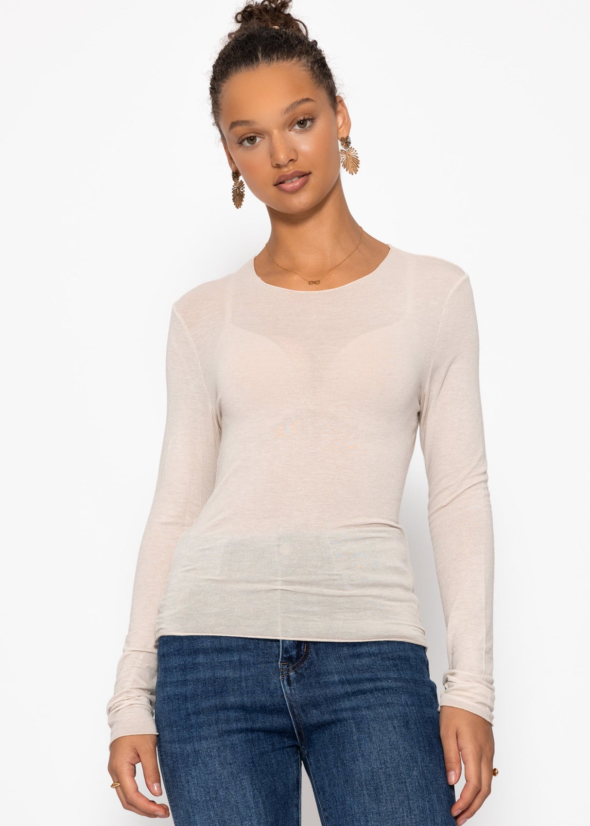 Lightweight, slightly transparent long-sleeved shirt with cashmere blend – beige