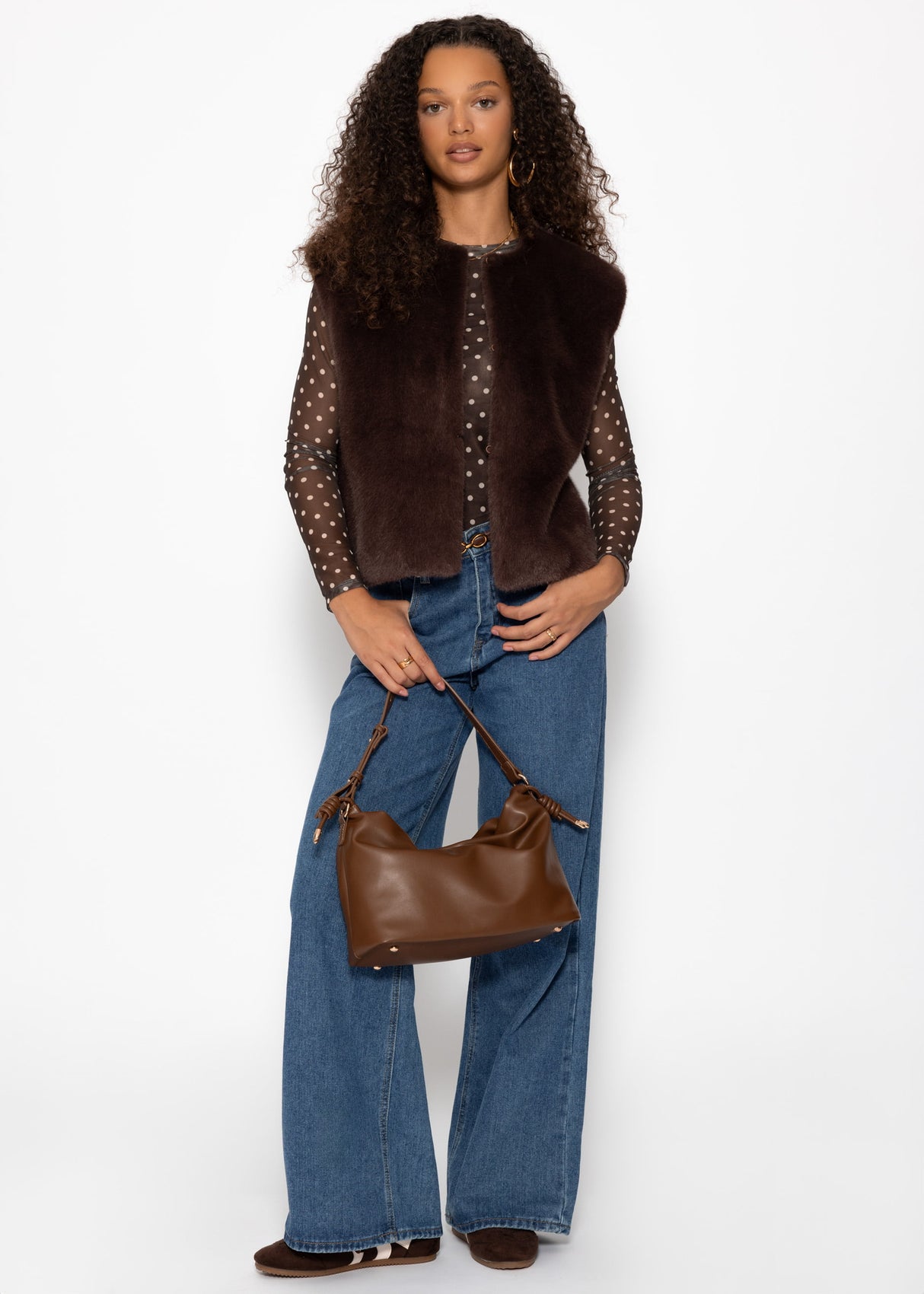 Mesh Langarmshirt mit Punkten - braun