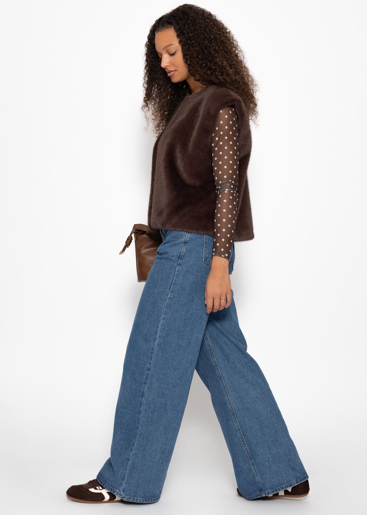 Mesh Langarmshirt mit Punkten - braun