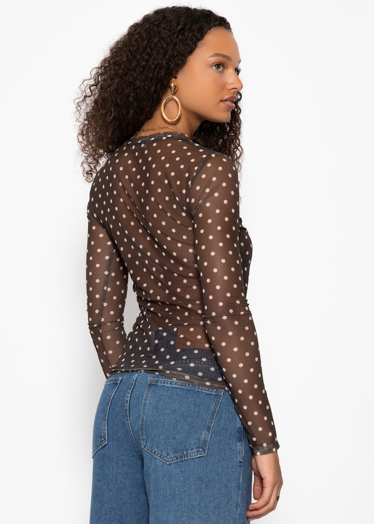 Mesh Langarmshirt mit Punkten - braun