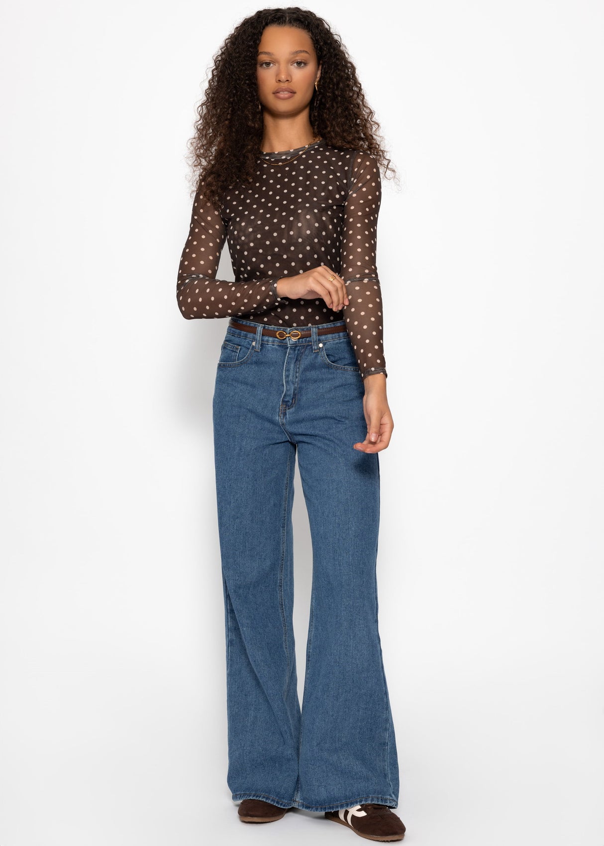 Mesh Langarmshirt mit Punkten - braun