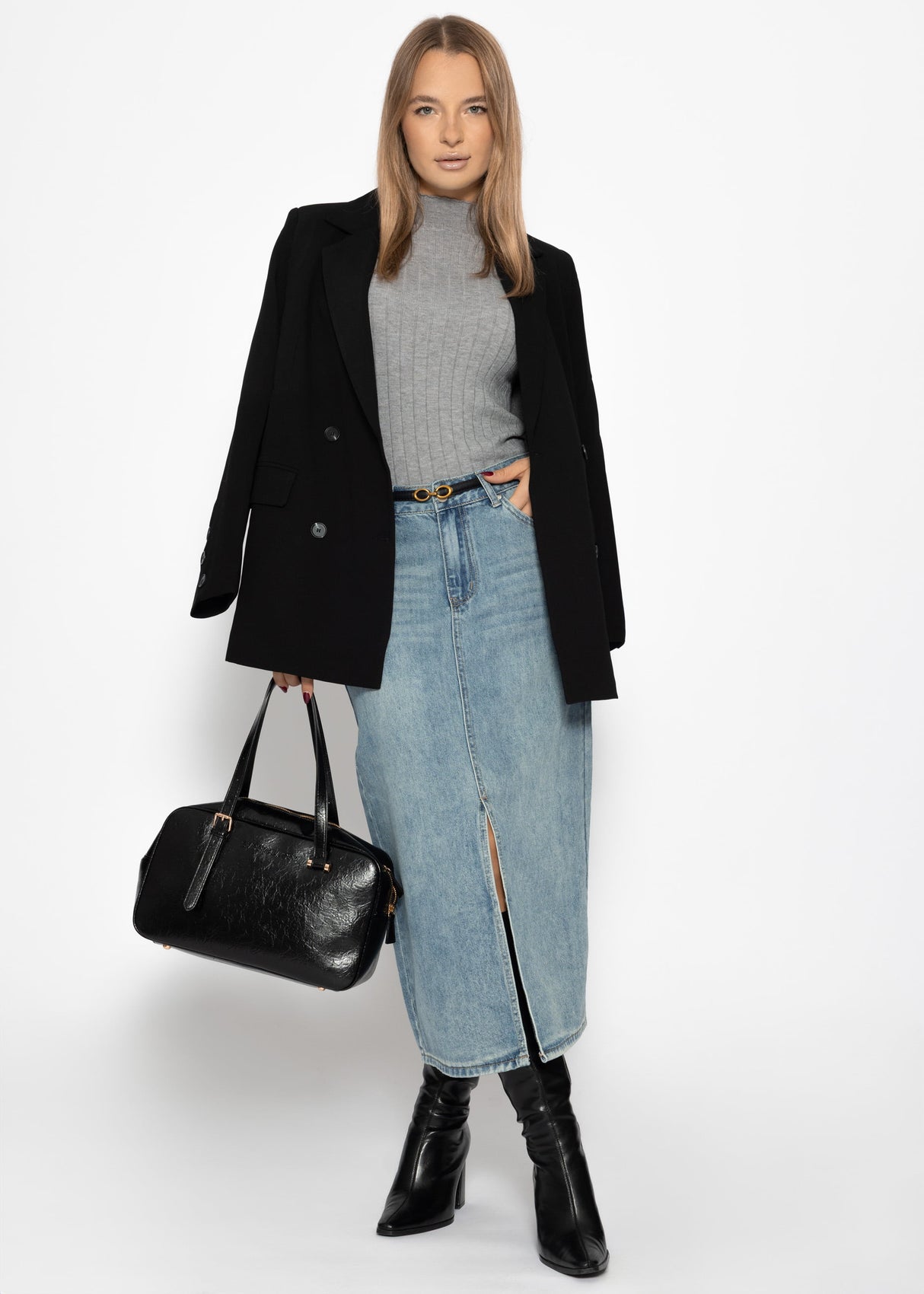 Midi Jeans Rock mit Schlitz - blau