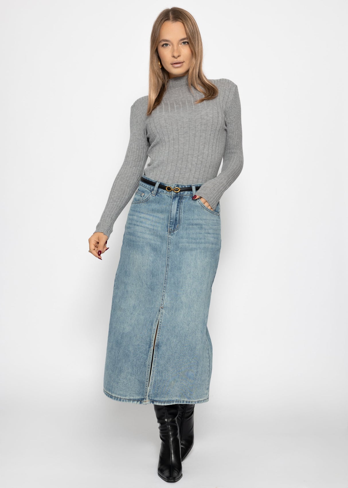 Midi Jeans Rock mit Schlitz - blau