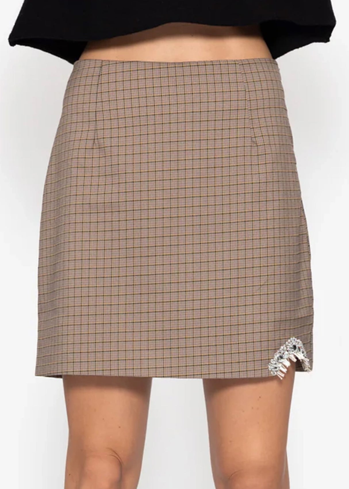 Mini Rock mit Karo-Muster und Schmuck-Detail - grau