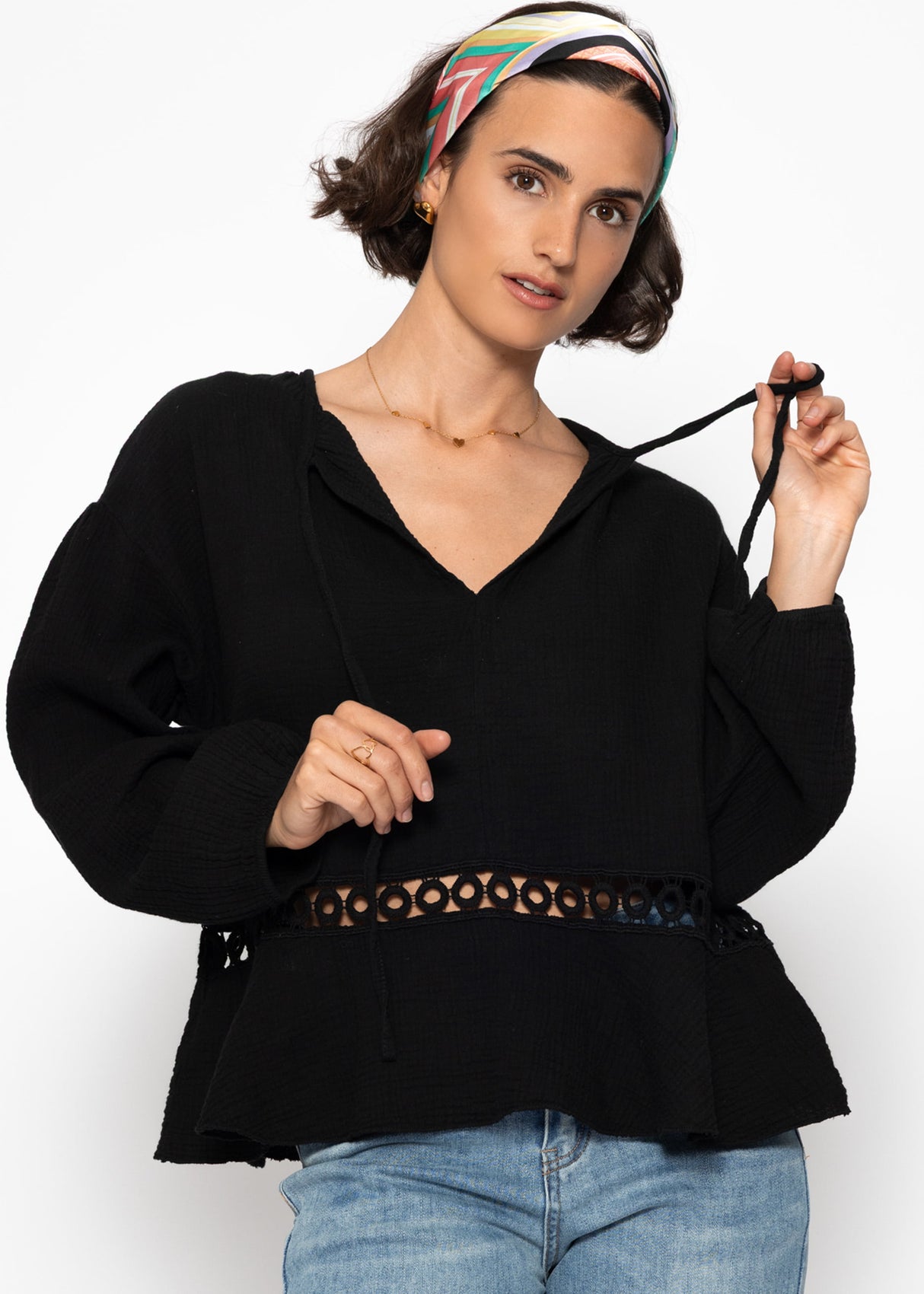 Musselin Bluse mit Schößchen - schwarz