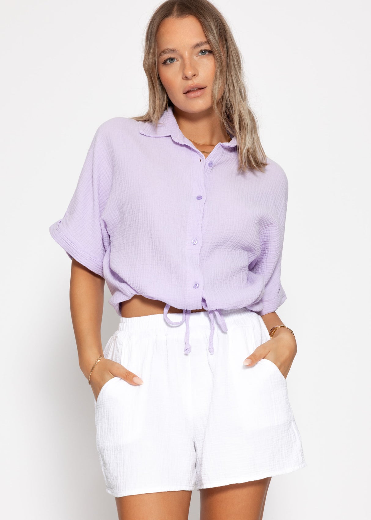 Musselin Bluse mit Zugband - flieder