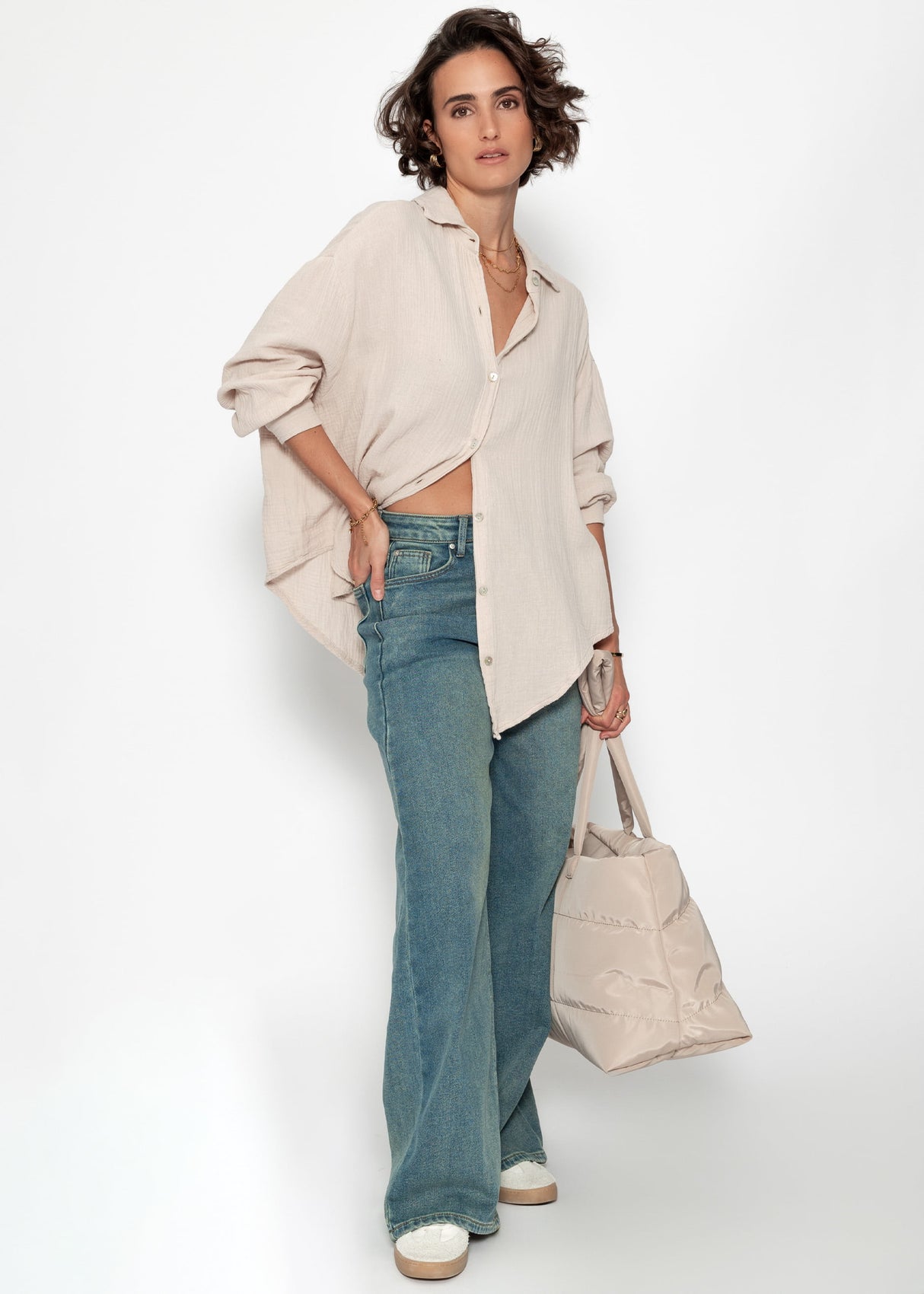 Musselin Bluse oversize, kurz, beige
