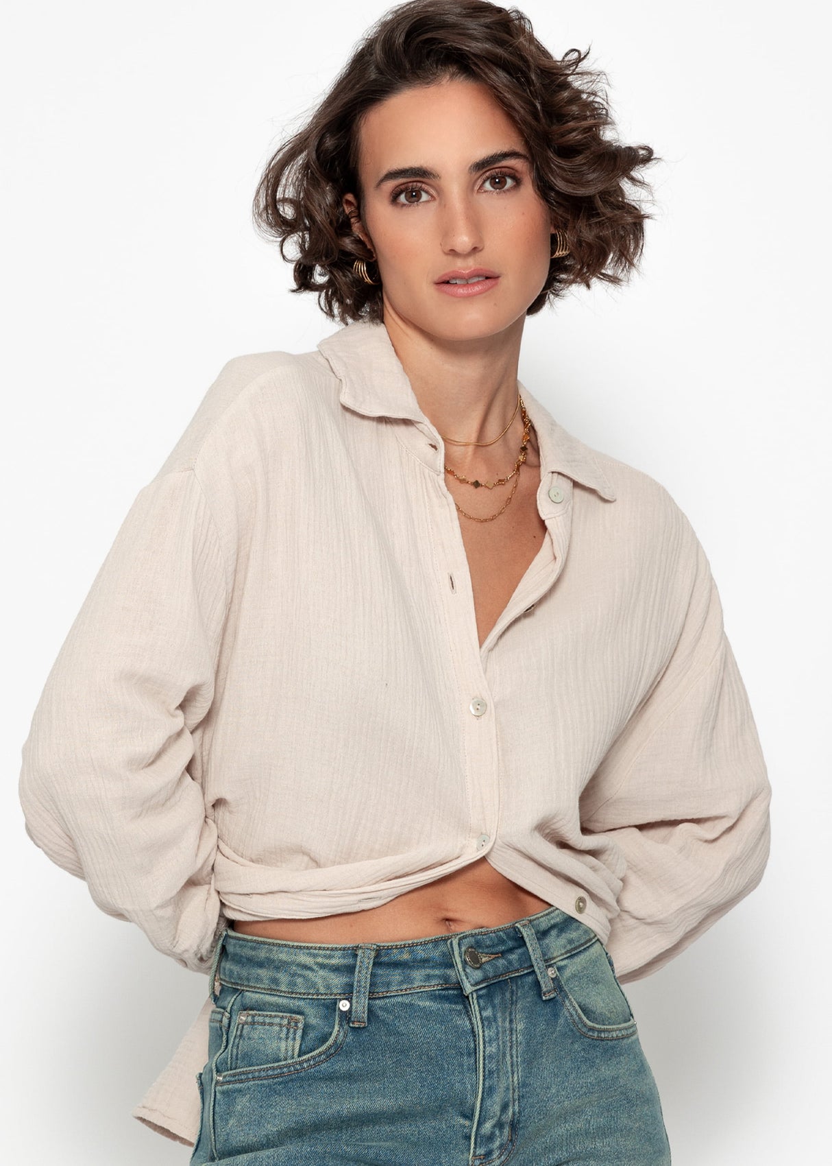 Musselin Bluse oversize, kurz, beige