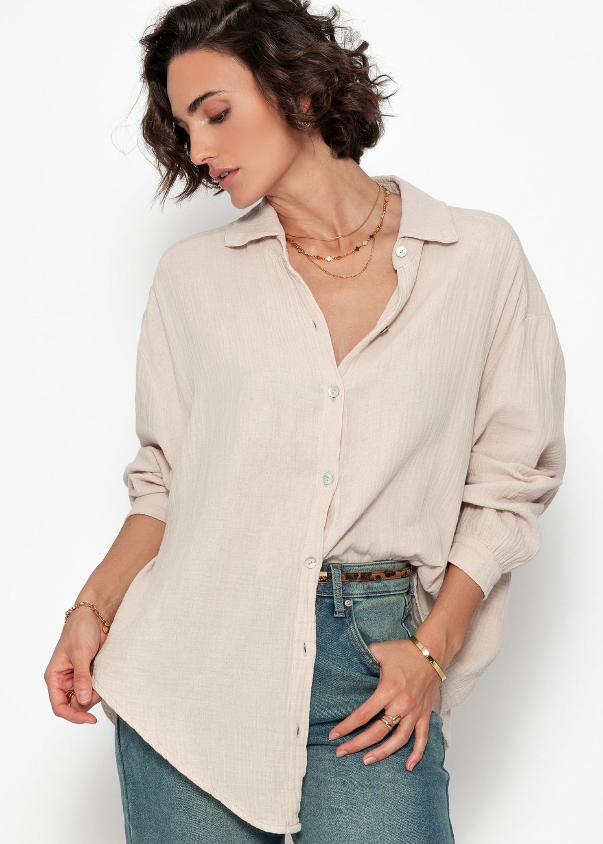 Musselin Bluse oversize, kurz, beige