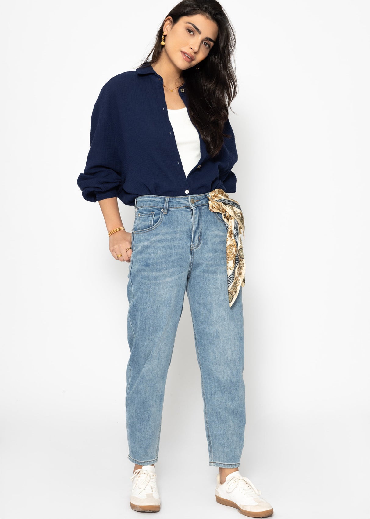 Musselin Bluse oversize, kurz, dunkelblau