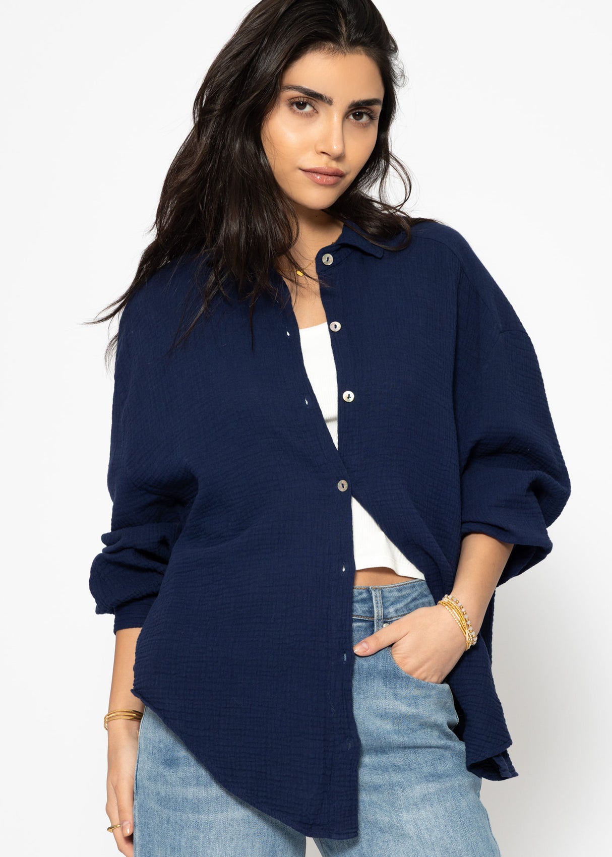 Musselin Bluse oversize, kurz, dunkelblau