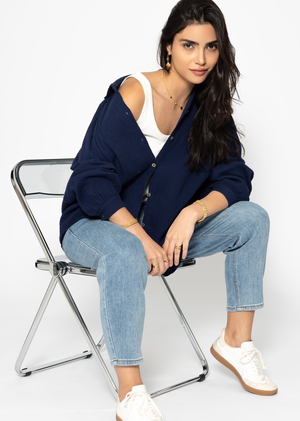 Musselin Bluse oversize, kurz, dunkelblau