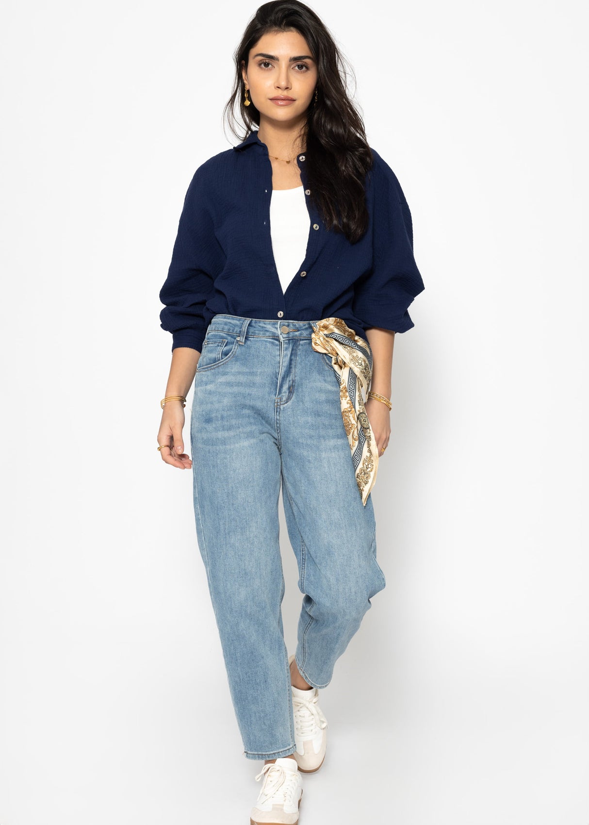 Musselin Bluse oversize, kurz, dunkelblau