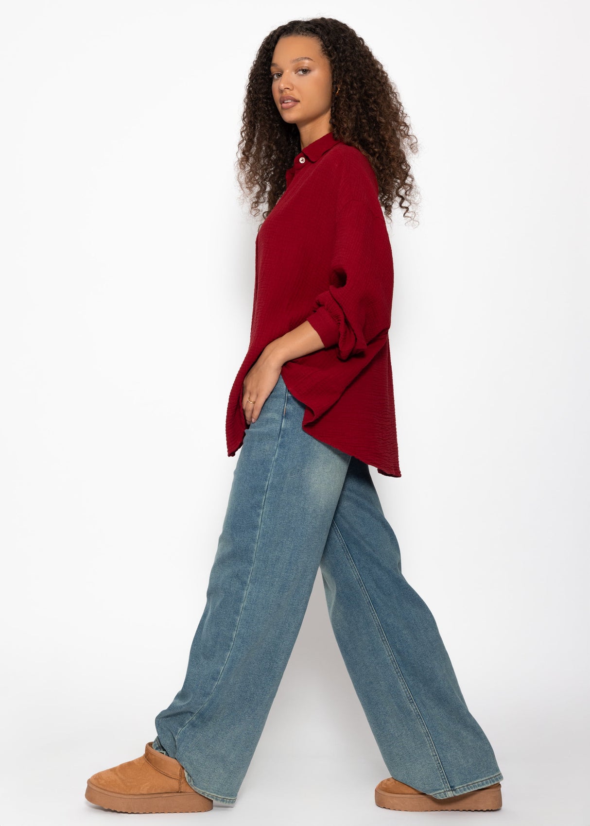 Musselin Bluse oversize, kurz, dunkelrot