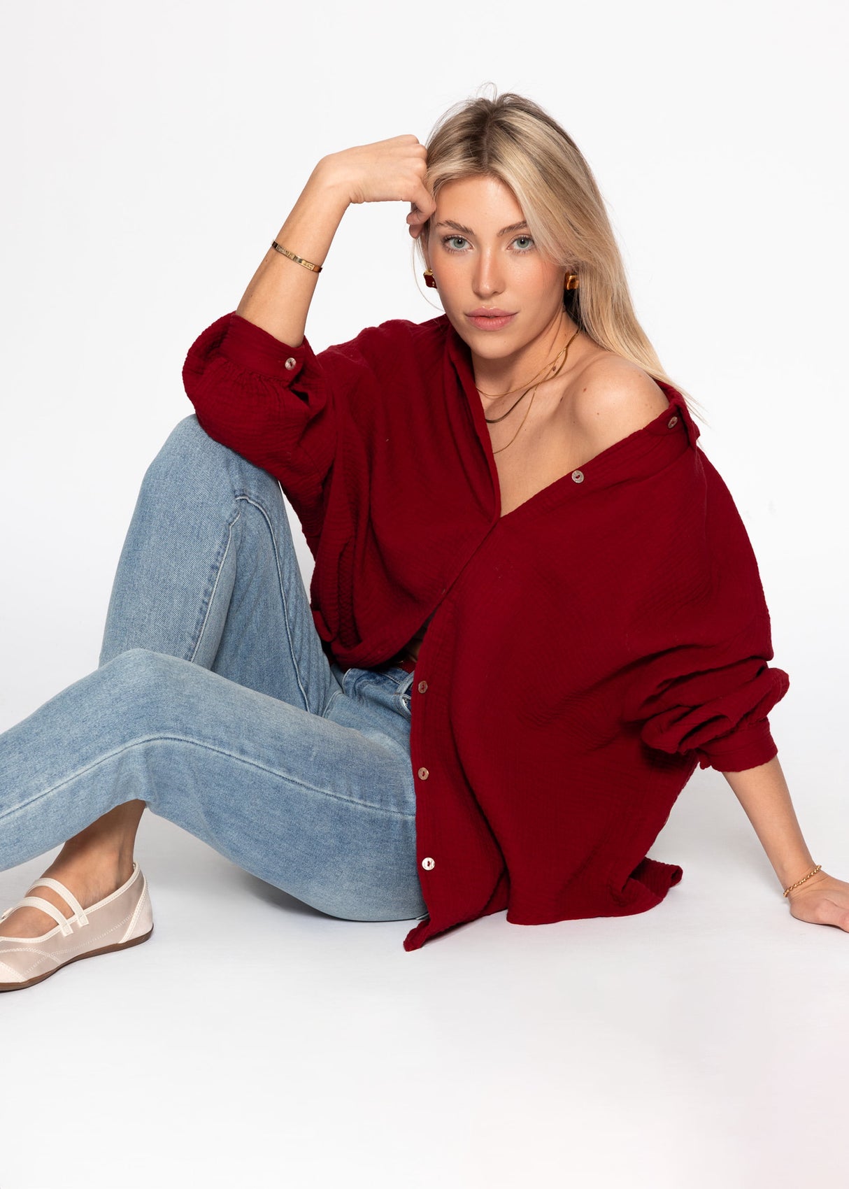 Musselin Bluse oversize, kurz, dunkelrot
