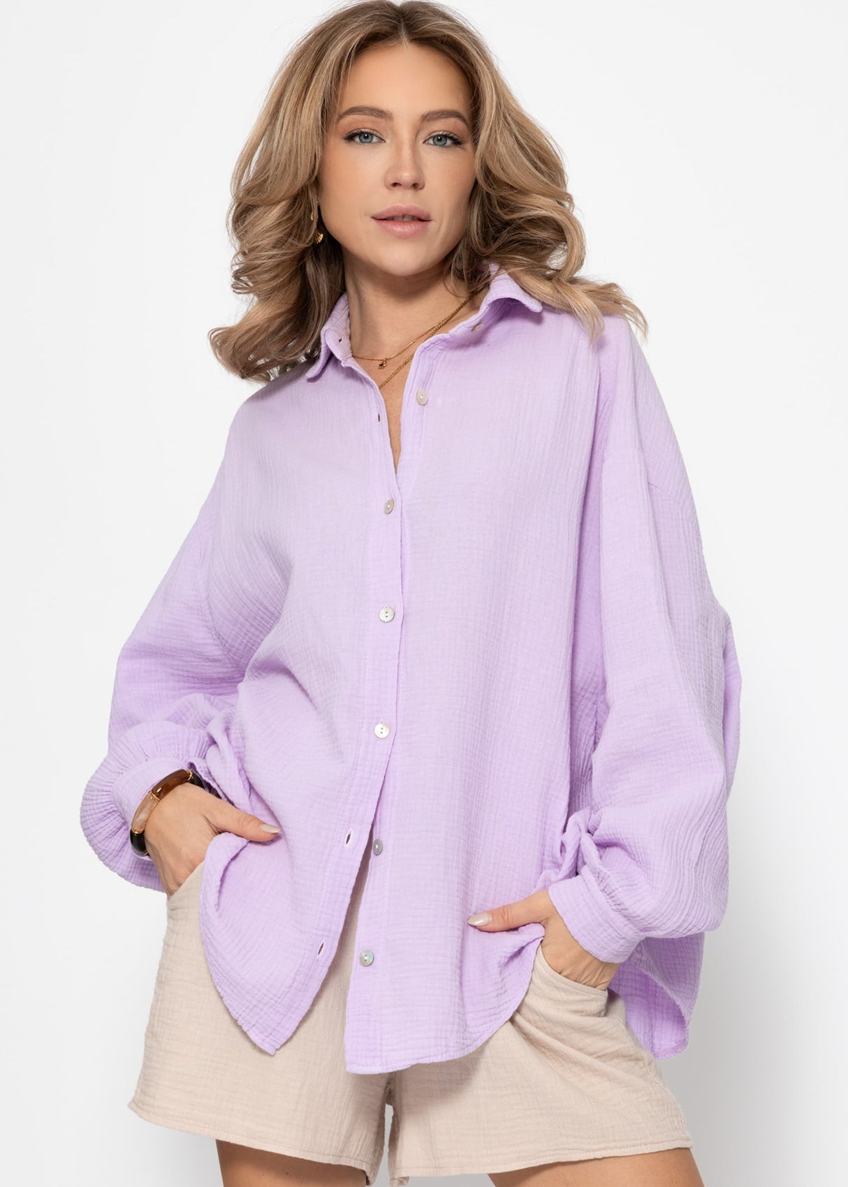 Musselin Bluse oversize, kurz, flieder