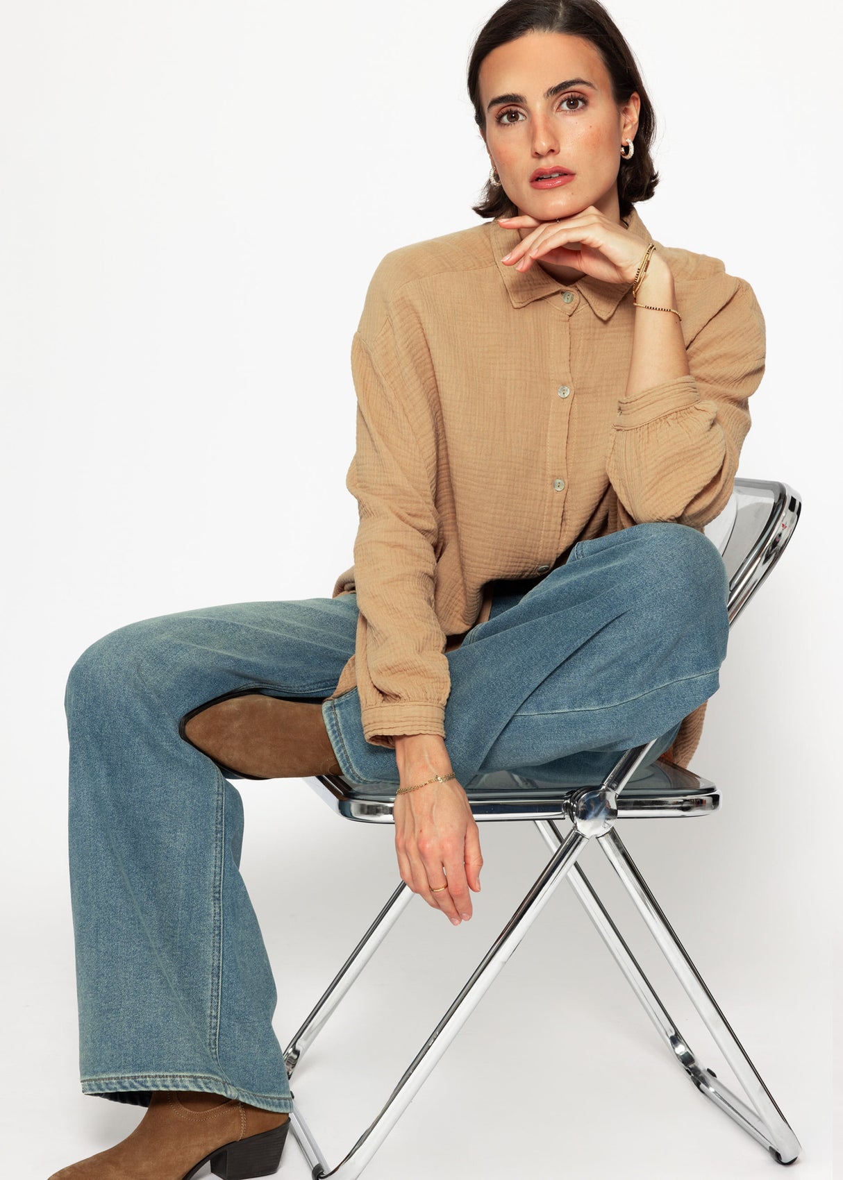 Musselin Bluse oversize kurz - hellbraun