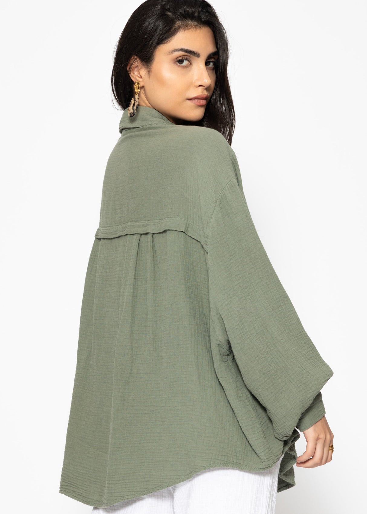 Musselin Bluse oversize, kurz, khaki