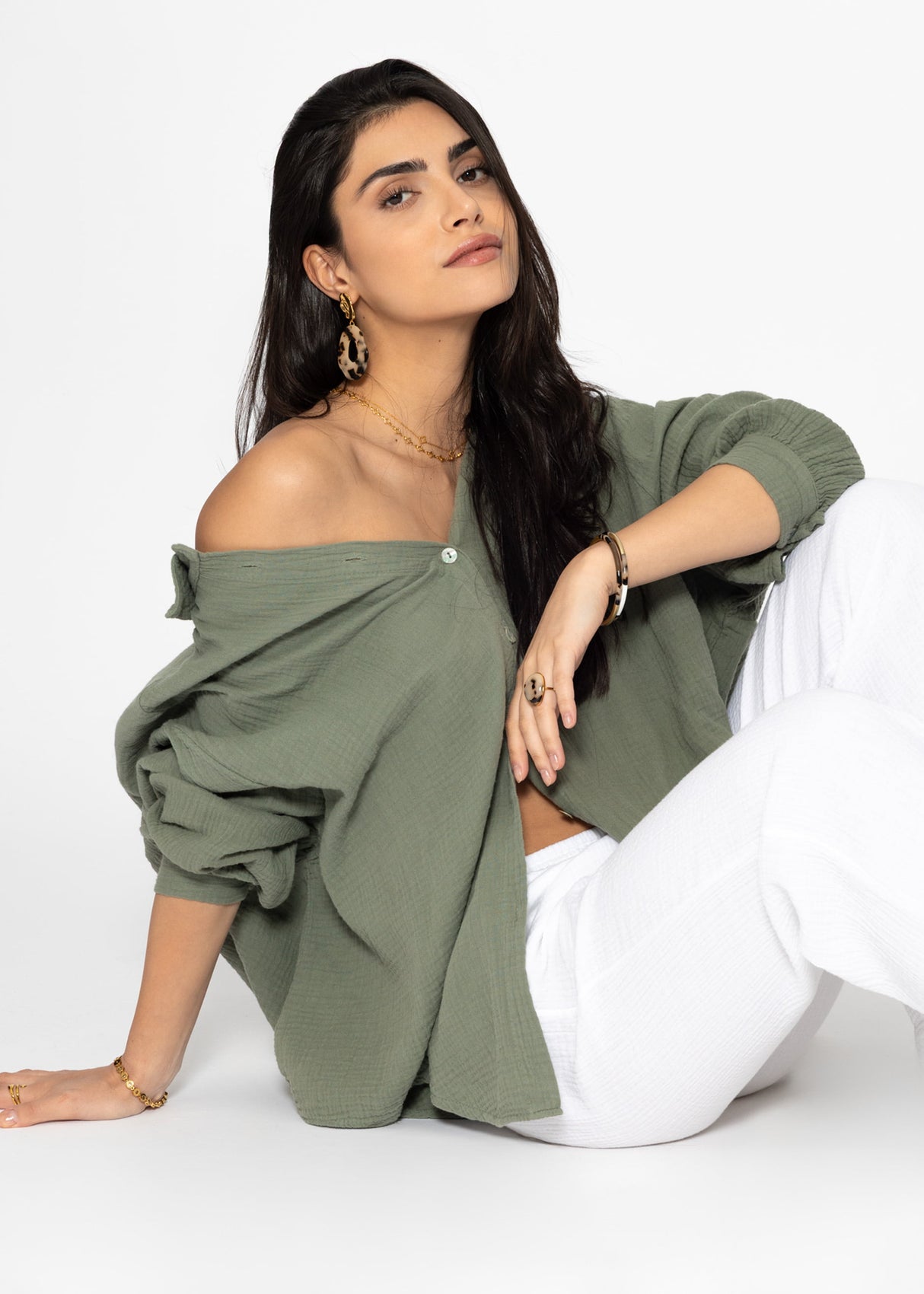 Musselin Bluse oversize, kurz, khaki