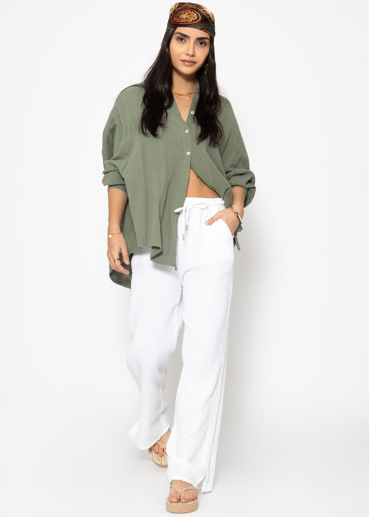 Musselin Bluse oversize, kurz, khaki