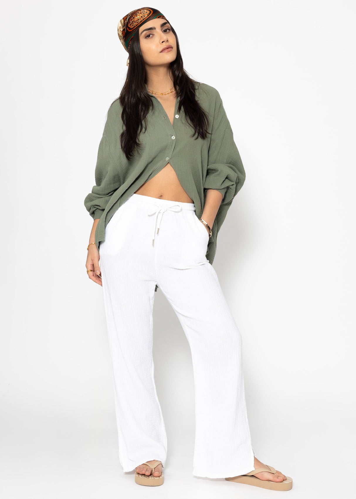 Musselin Bluse oversize, kurz, khaki