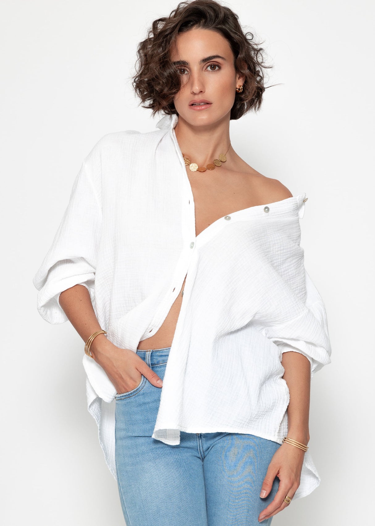 Musselin Bluse oversize, kurz, weiß
