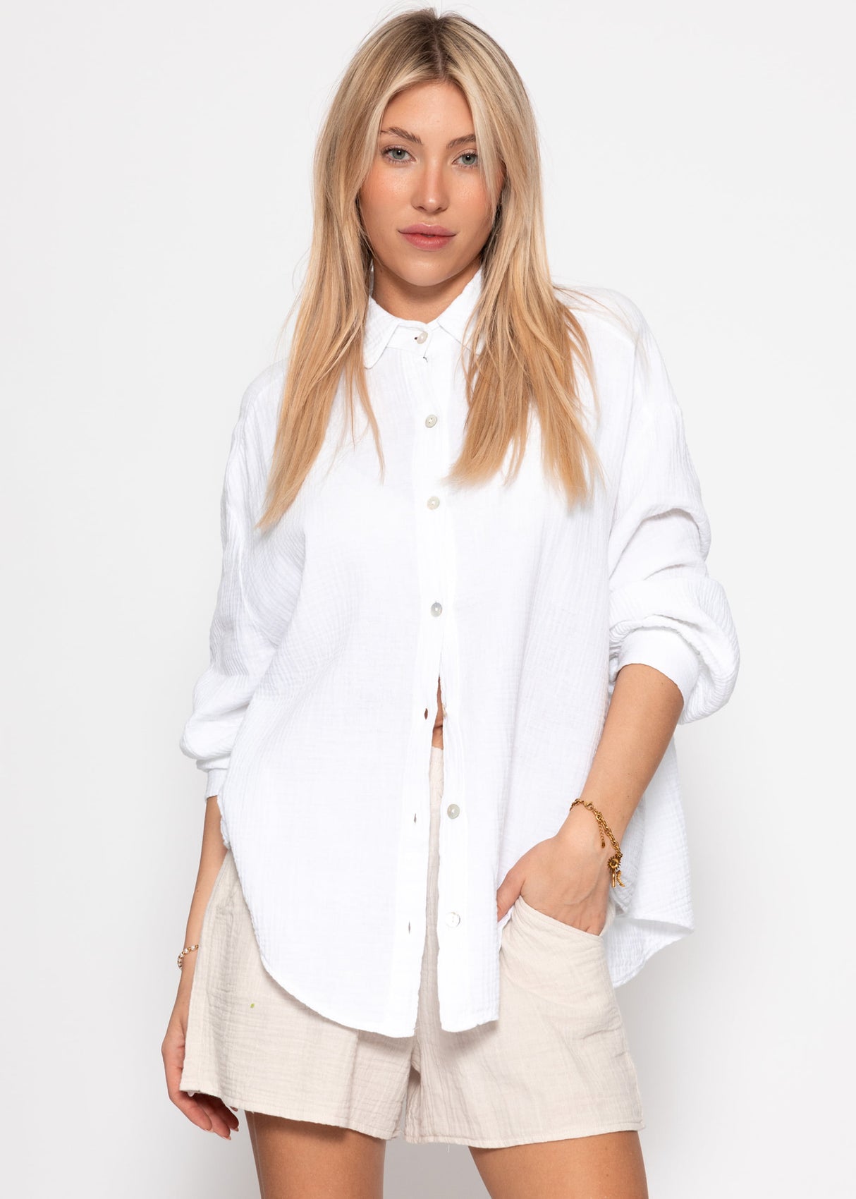 Musselin Bluse oversize, kurz, weiß