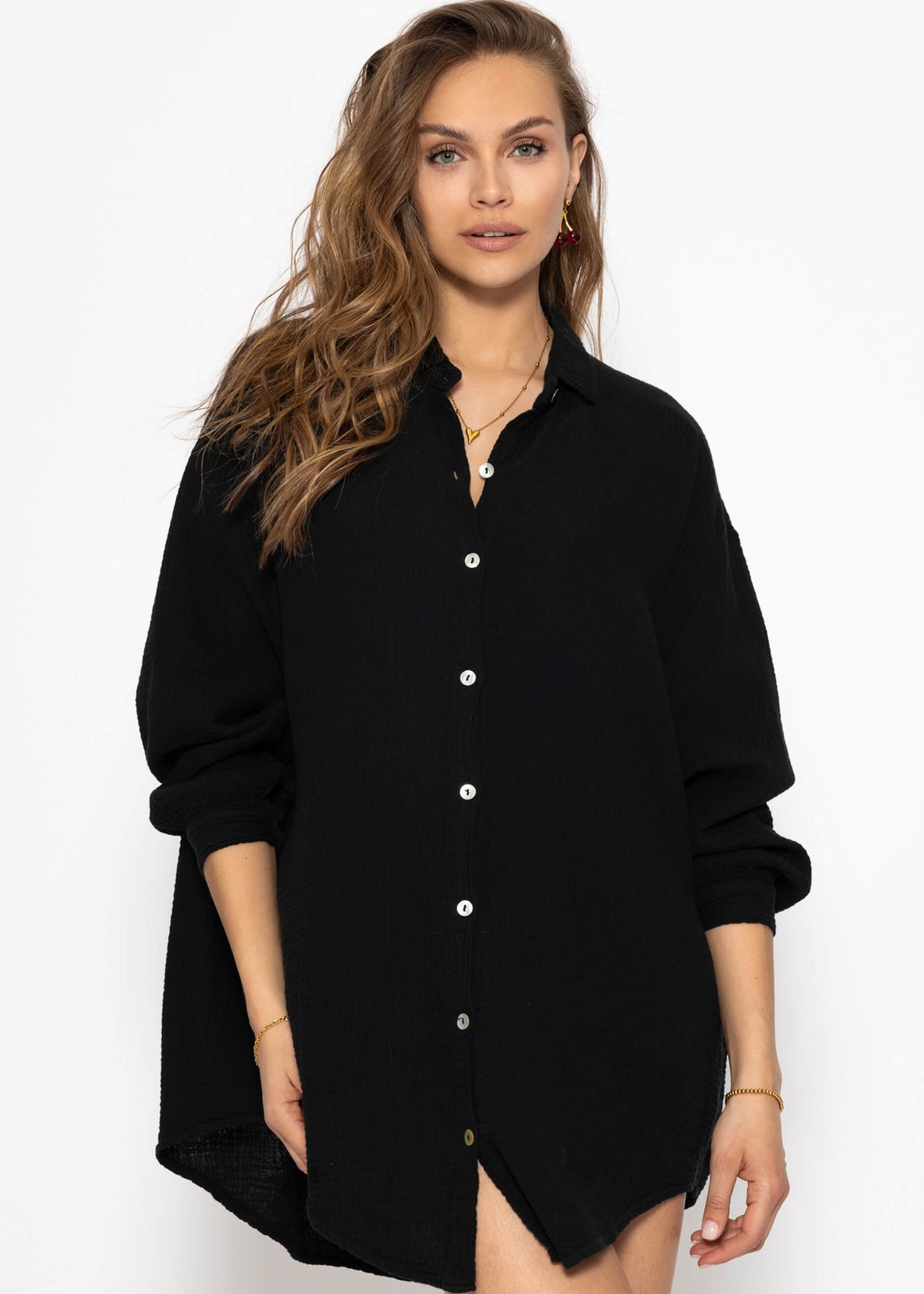 Musselin Bluse oversize, schwarz