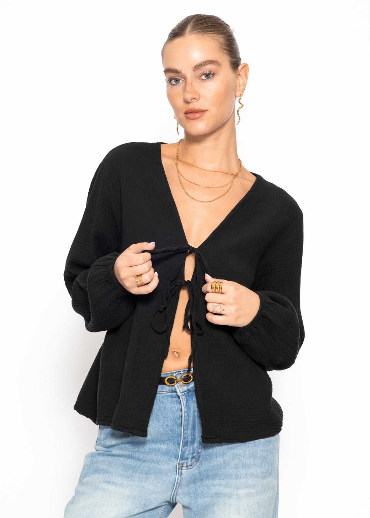 Musselin Blusenjacke mit Bindebänder - schwarz