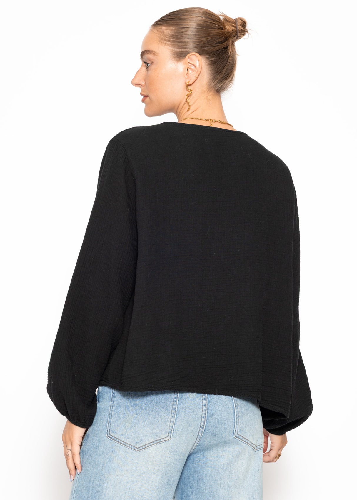 Musselin Blusenjacke mit Bindebänder - schwarz