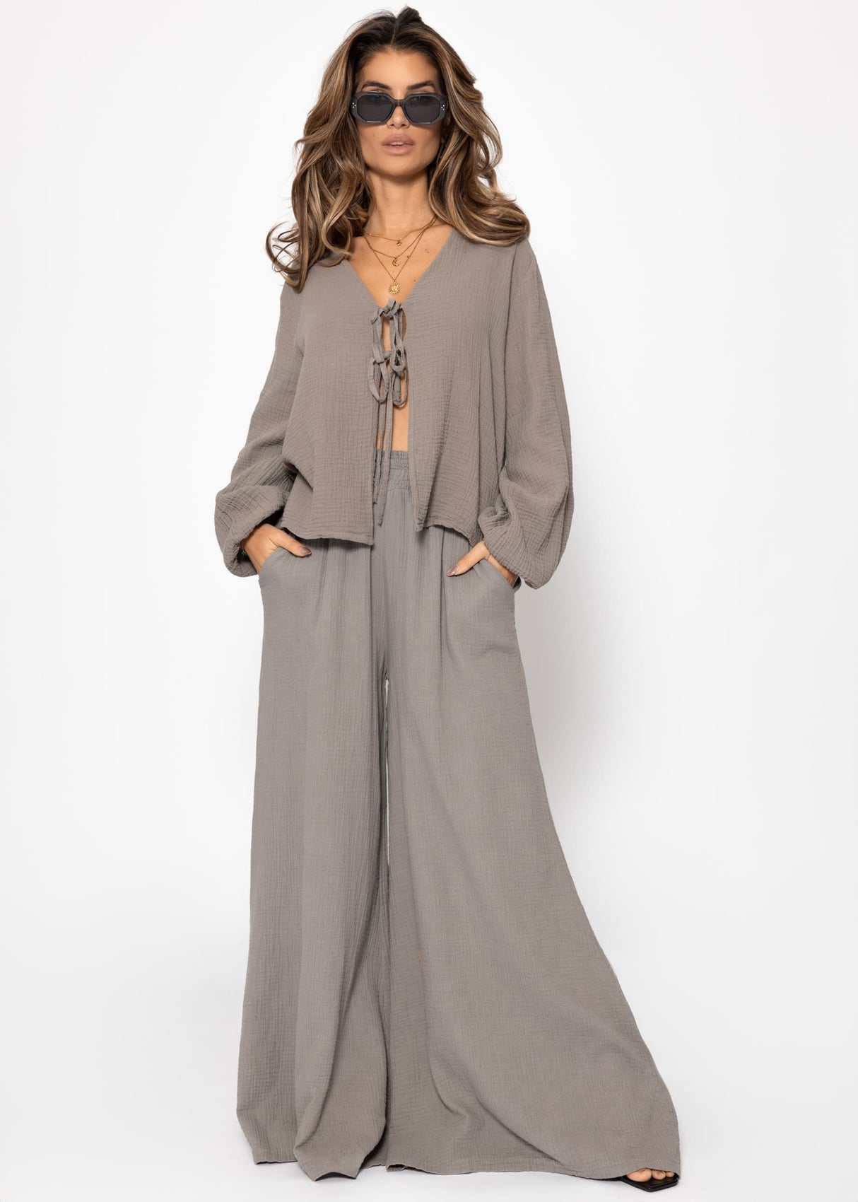 Musselin Blusenjacke mit Bindebänder - taupe