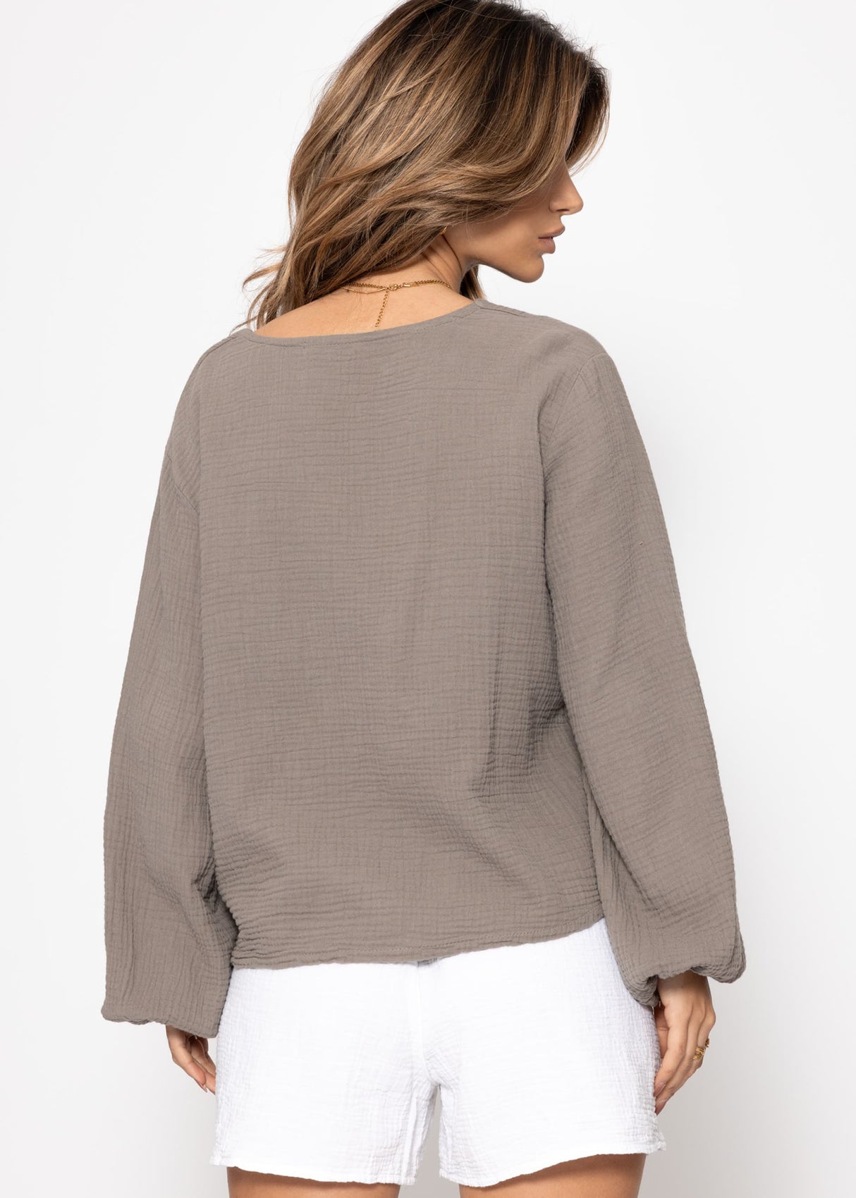 Musselin Blusenjacke mit Bindebänder - taupe